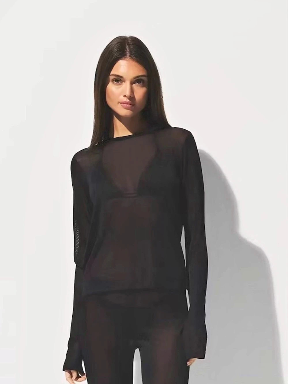 SKIMS Slinky Knit Long Sleeve Crew Neck Top Obsidian Black Size S NWT